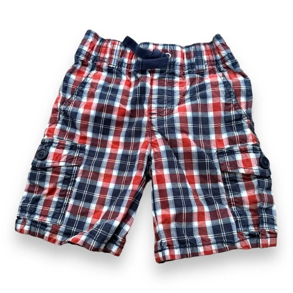 Gymboree Boys Shorts Sz 2T Red White‎ Blue Plaid Pull On Cargo Style